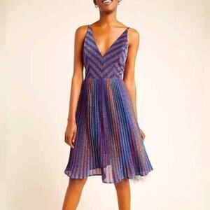 Dress the Population NEW Haley Rainbow Shimmer Chevron Pleated Dress Size XS